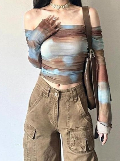 女性用ワンショルダーTシャツ、春スリムフィットトップ、グラデーションへそ出し長袖ボトムシャツ、2025年夏新スタイル|undefined