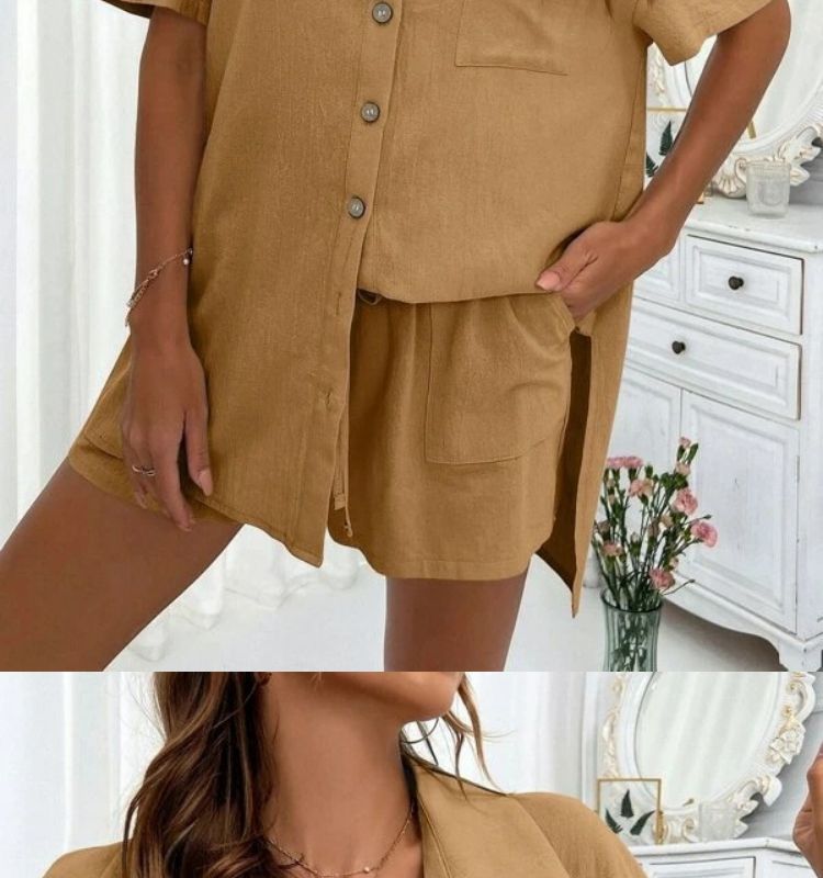 Casual Women's Shorts Set Two Piece Solid Colour Summer Outfit_voghion.com