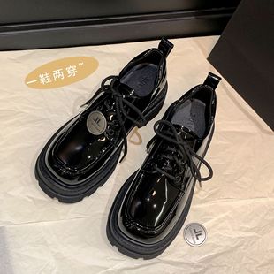 2024 spring new small British leather shoes genuine leather two-way lace-up black height increasing platform loafers