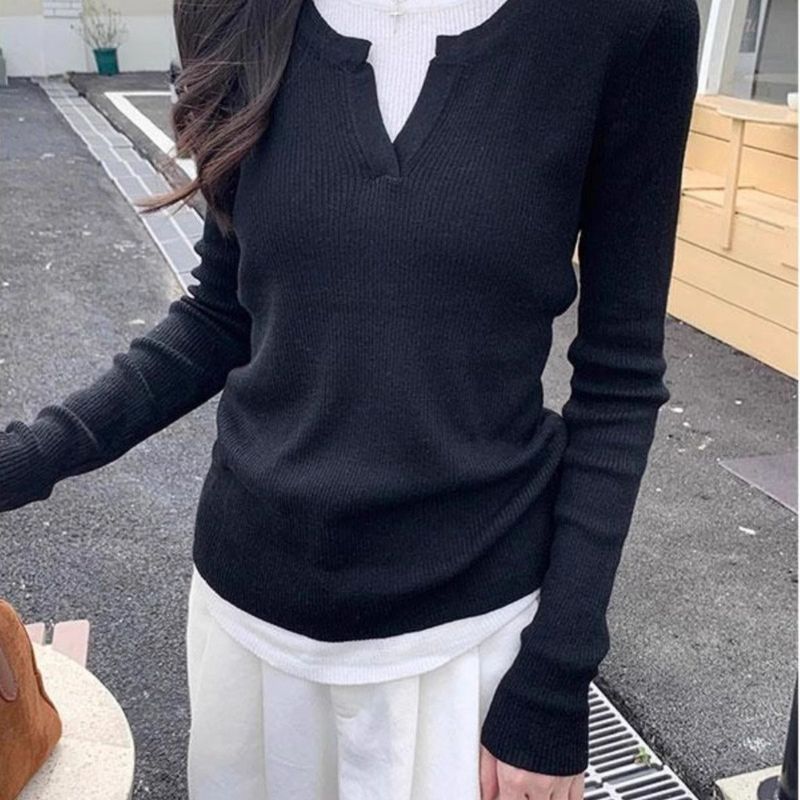 黑色v领假两件长袖针织衫女春秋内搭修身感纯欲风打底上衣ins|undefined