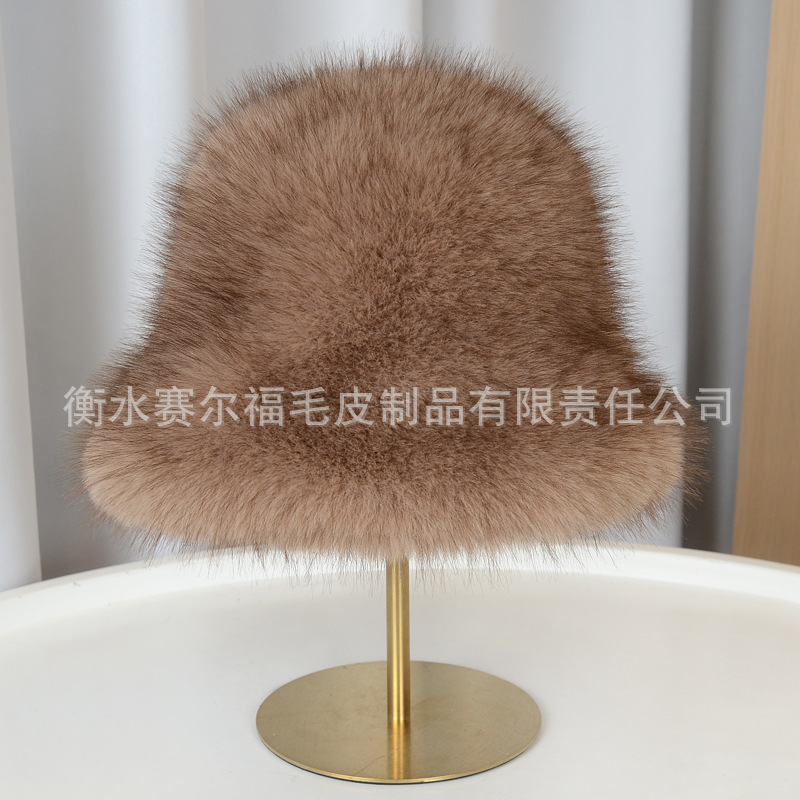 跨境仿狐狸毛渔夫帽加厚毛绒日系盆帽冬季保暖大头围显脸小冷帽|undefined
