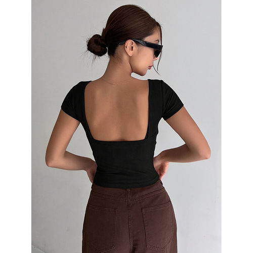 KELICOPY Yoga Top with Semi-Fixed Cups, Western-Style Outerwear Sport Short-Sleeve T-Shirt for Women, Breathable Fitness Top