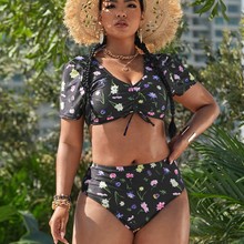 跨境外贸短袖大码分体泳衣女性感印花高腰遮肩胖mm温泉大码比基尼