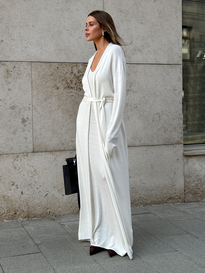 Bộ đầm dài kèm áo cardigan dệt kim dài tay nữ — Màu cà phê đậm, Màu hồng, Màu trắng, Màu xám chi tiết 53