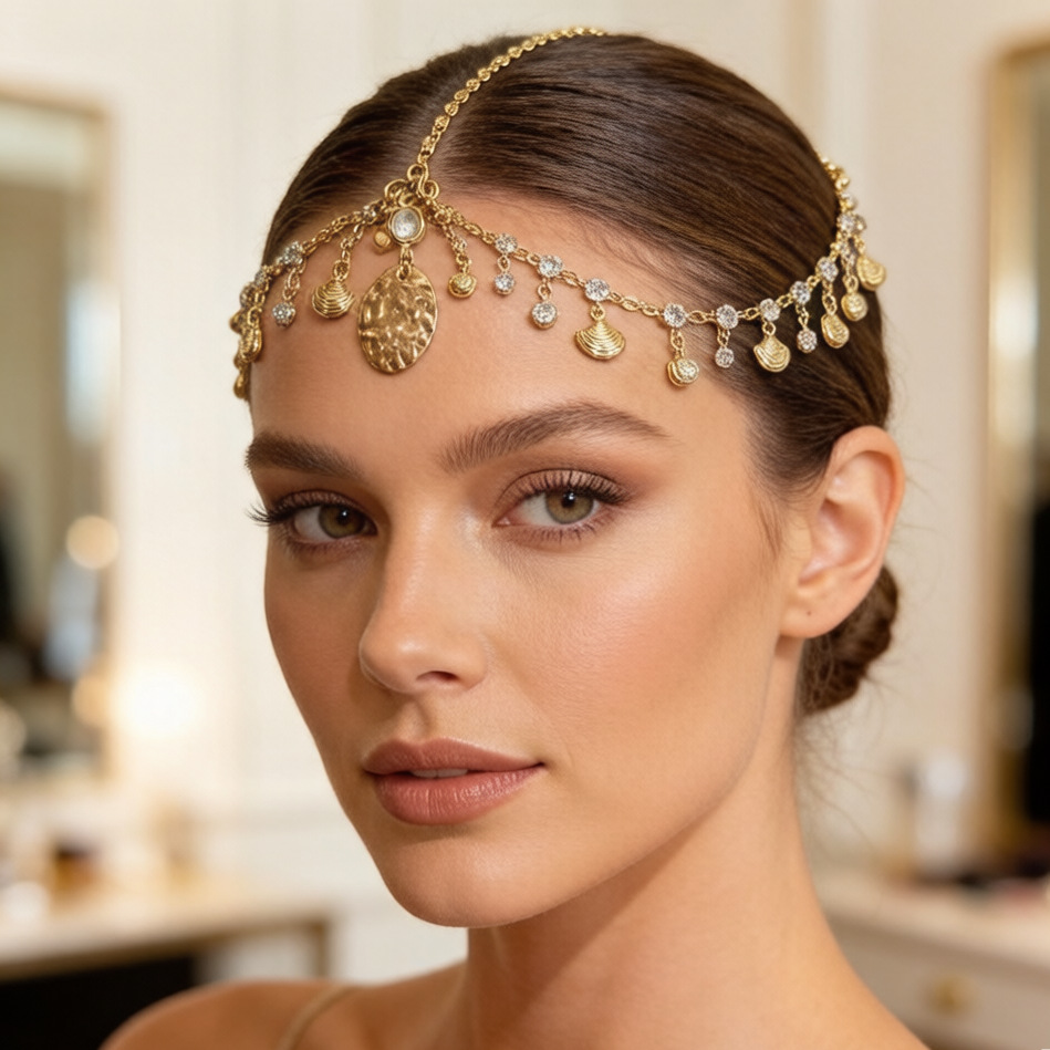 European and American cross-border exotic style scallop-shaped multi-layered tassel hair accessory with rhinestones, geometric chain scallop forehead head chain