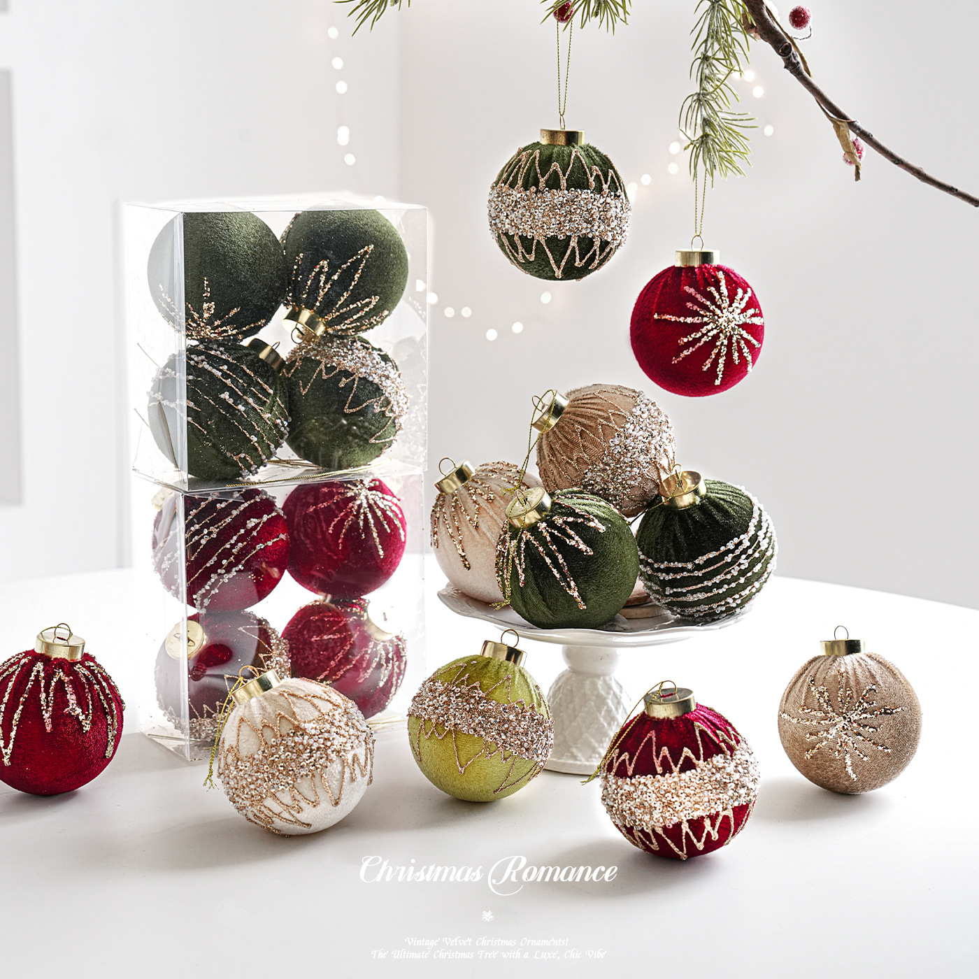 Nuevo producto de 8CM plástico envolvido bola tela de vello polvo adhesivo polvo de oro ligero de lujo bola de Navidad colgante colorida bola de Navidad colgante