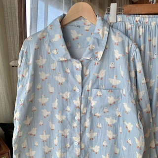大白鹅！全棉双层纱家居服女翻领长袖长裤睡衣套装可外穿