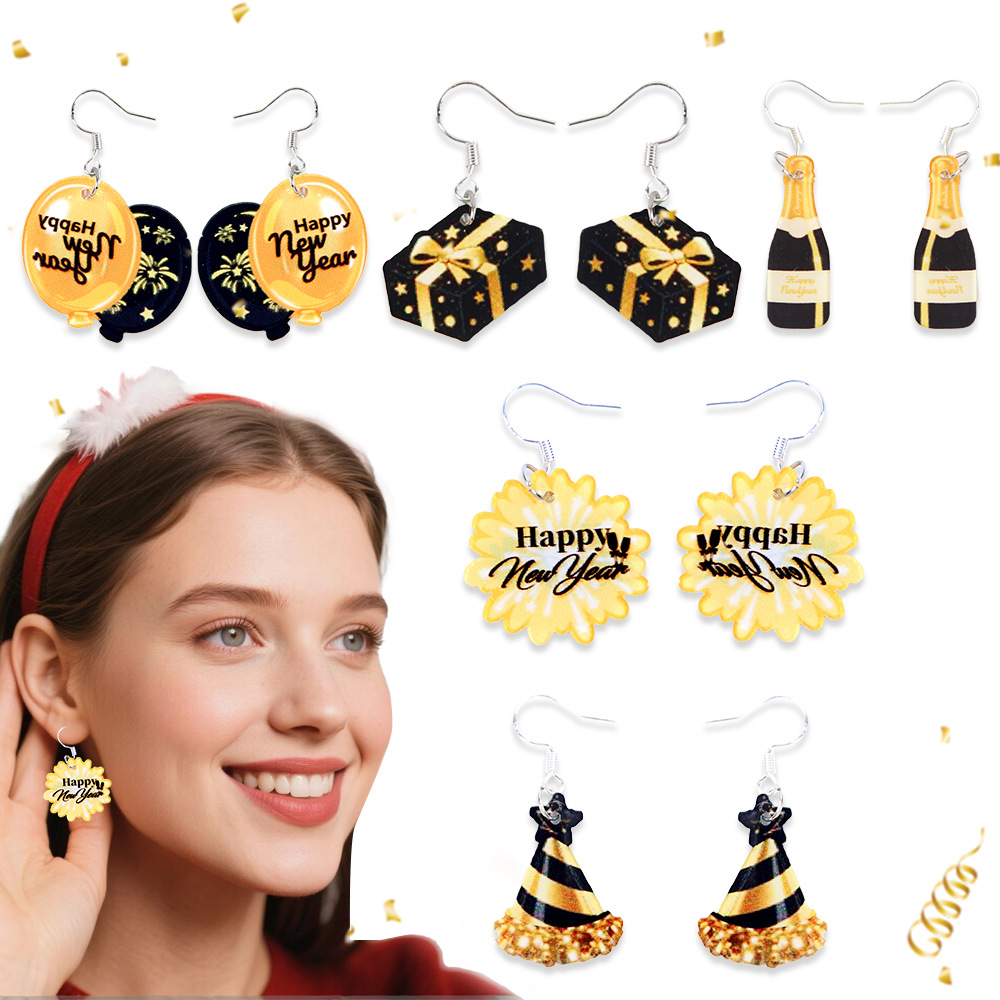 2026 Año Nuevo pendientes acrílicos globo sombrero pendientes regalos de Año Nuevo decoración de la fiesta de oro negro pendientes mujeres