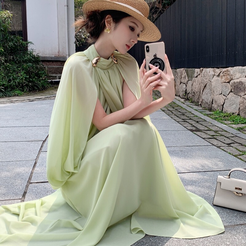 Santorini Breathable Sage Green Chiffon Half-High Collar Shawl Top with Waist-Cinching Flared Skirt Set