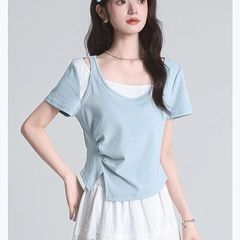 韩系蓝色拼接设计感假两件短袖T恤女夏季撞色小众气质百搭上衣潮