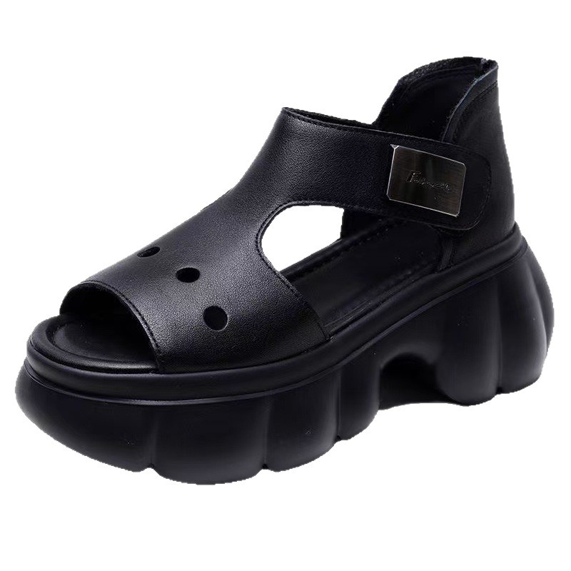 Sandallas romanas de piel suave de dedo abierto para mujeres verano 2026 nuevo muffin hueco con base gruesa versátil de tacones de sandallas de mujer