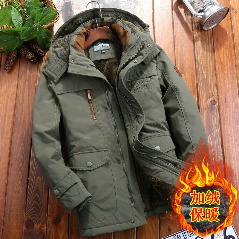 Мужская Утепленная зимняя свободная повседневная куртка с несколькими сумками на флисовой подкладке для средних лет на хлопковой подкладке Куртка с хлопковой подкладкой из морозостойкой ткани 8186