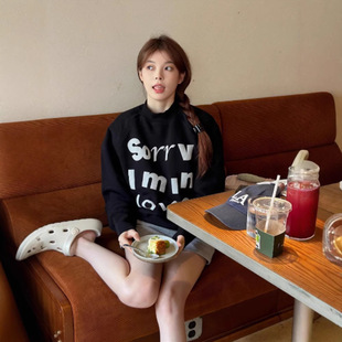 Lazy Style Loose Round Neck Sweat Women's American Letter Printed Autumn and Winter Thickened fleece-lined Heavy Top 2024 New Arrival
