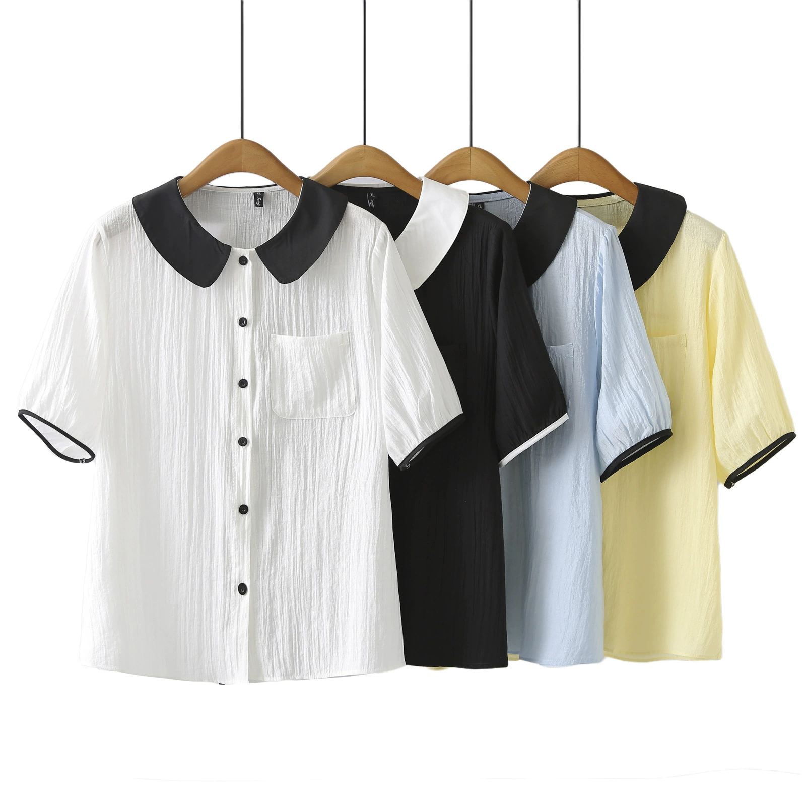 Топы больших размеров для женщин с чувством дизайна, новинка 2025 года, корейский стиль, маленький ароматный стиль, рубашка с короткими рукавами и кукольным воротником в тон 618