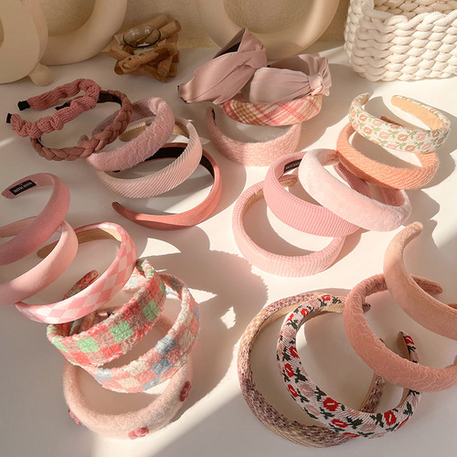 2024 gentle pink headband spring and summer sweet girl high skull plush sponge wide-brimmed headband pressing hair headband