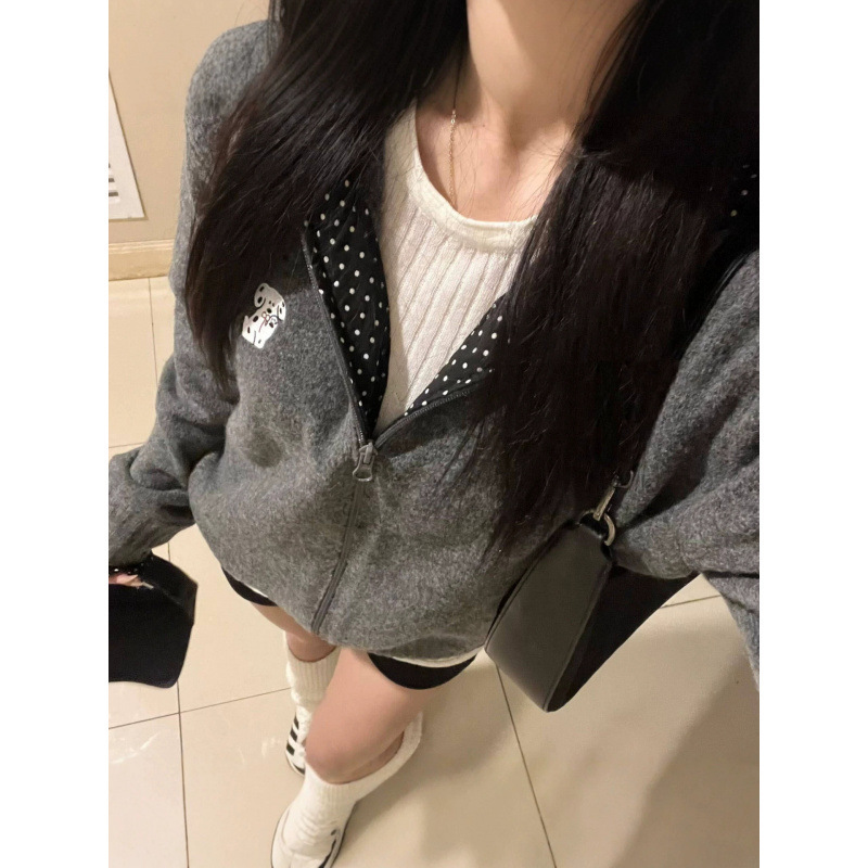 YS Korean-style college-style hooded polka dot knitted cardigan for women, autumn and winter loose-fitting zippered wool sweater jacket top YS Korean-style college-style hooded polka dot knitted cardigan for women, autumn and winter loose-fitting zippered wool sweater jacket top