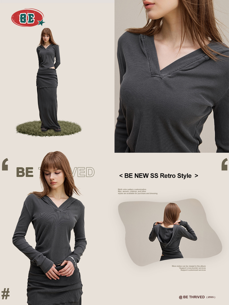Ropa de mujer BE | Camiseta de Manga Larga con Capucha y Cuello en V, Ajustada a la Cintura, Estilo Retro Casual para Mujer, Otoño 2025