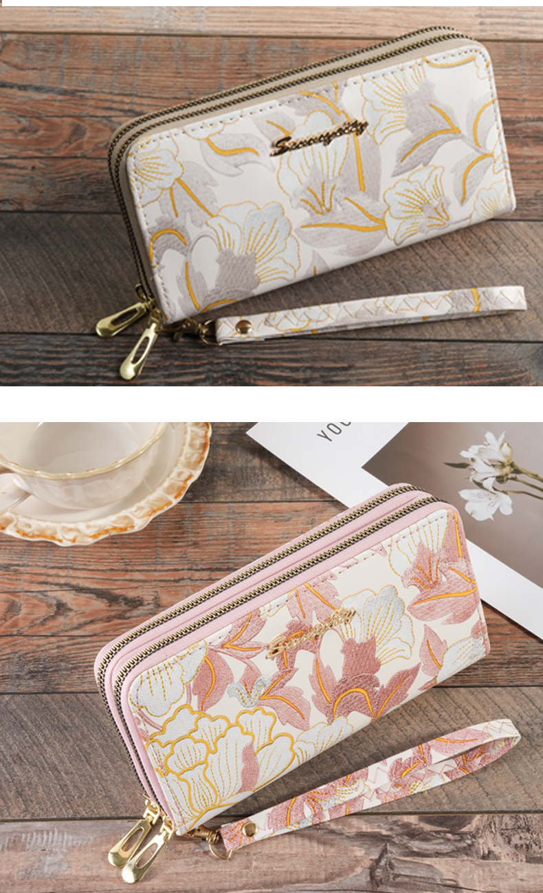 Square Shape Women's Flower Pu Leather Zipper Long Wallets