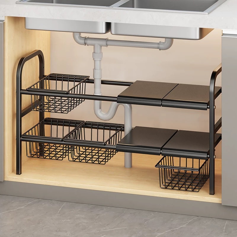 Kitchen Storage Rack Retractable Cabinet Pot Storage Rack under Sink Storage Cabinet Organizer