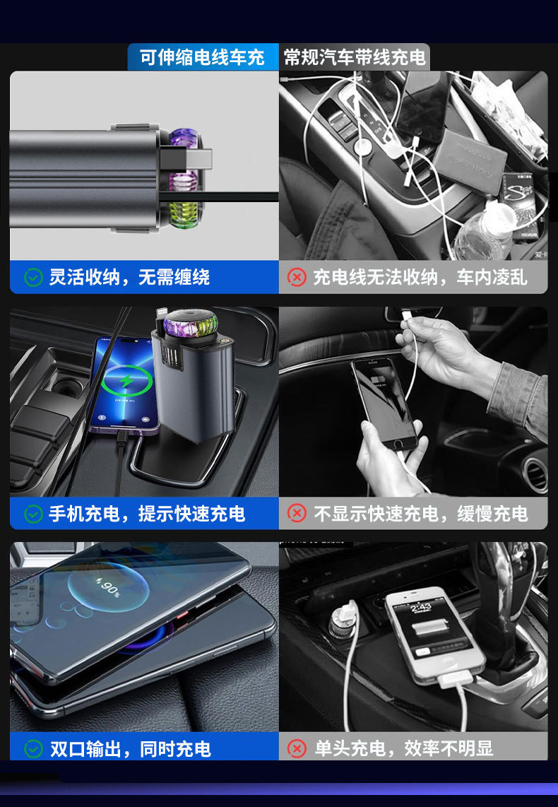 Car Charger Pd Flash Charging Retractable Cable Fast Charging Cigarette Lighter Cross-Border Aromatherapy Spray Atmosphere Light D1 Cross-Border