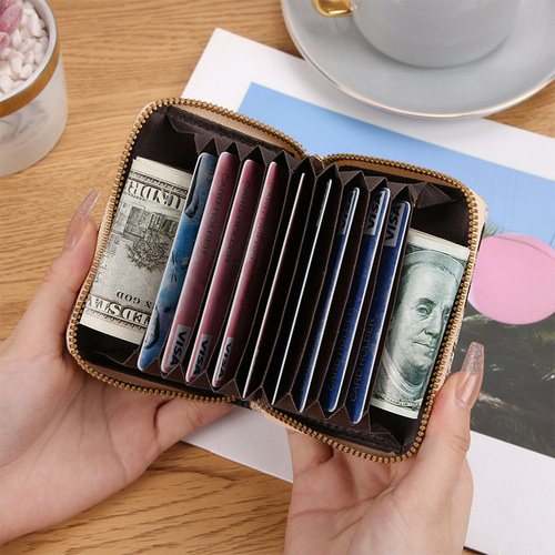 Leopard print multi-card slot single pull accordion card holder short wallet ID card holder multi-card slot zipper