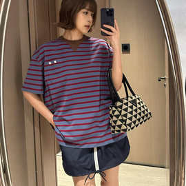 2026夏季新款正确版本原标P家布标刺绣条纹平纹针织短袖男女T恤