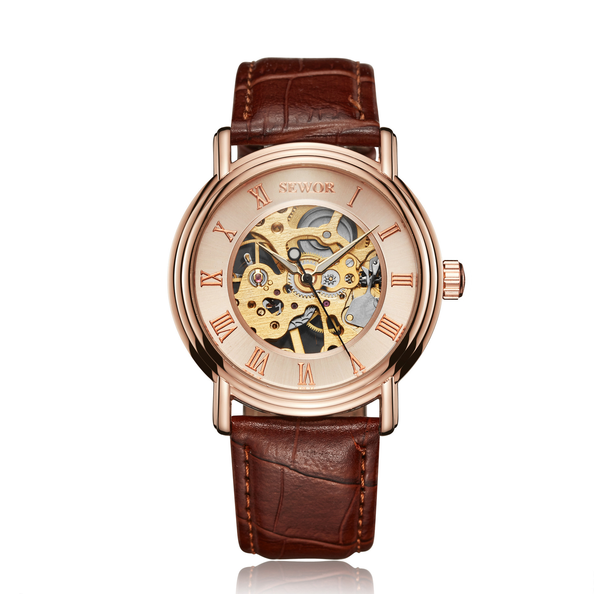 SEWOR reloj mecánico semiautomático para hombre reloj de correa de fondo transparente hueco reloj mecánico manual 01