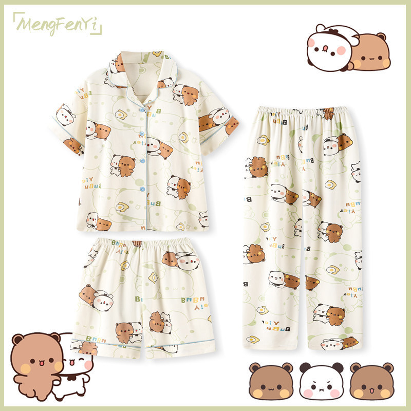 Yierbubu Cotton Three-Piece Summer Women's Pajamas with Cool Short Sleeves and Long Pants, Cartoon Cute Student Loungewear Yierbubu Cotton Three-Piece Summer Women's Pajamas with Cool Short Sleeves and Long Pants, Cartoon Cute Student Loungewear