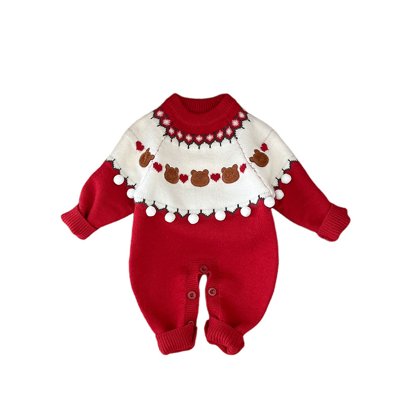 Ropa de bebé invierno rojo Año Nuevo jersey de punto de estilo extranjero bebé lindo suéter de oso de luna llena ropa de Año Nuevo image 5