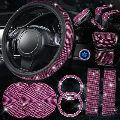 11-Piece Car Interior Set: Steering wheel cover - rose-red-38cm
