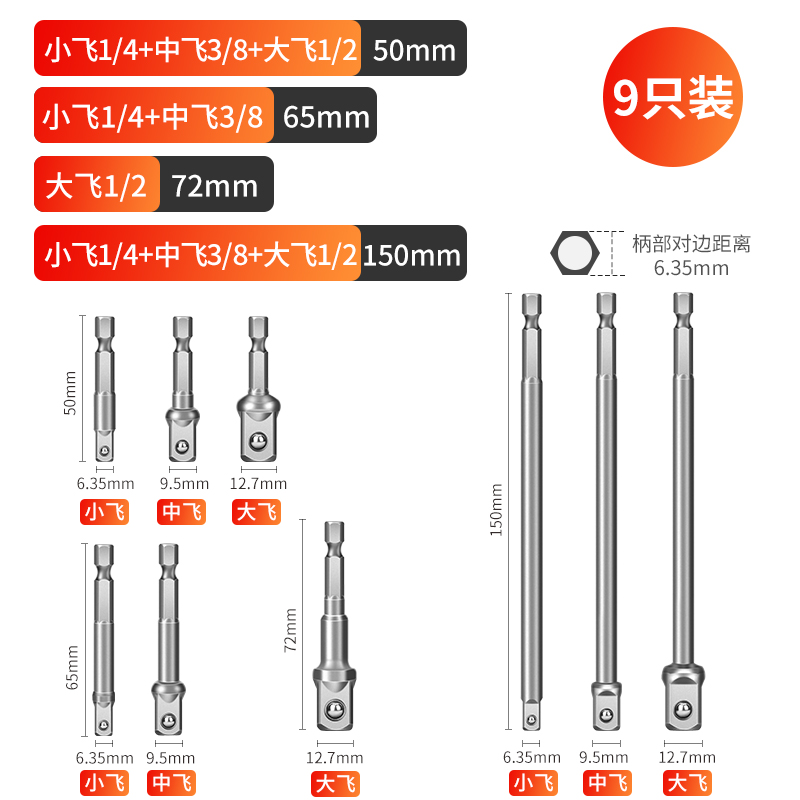 El mango hexagonal gira la barra de conexión del manguito de conexión de la llave eléctrica del taladro eléctrico de mano 6.3 gira 1 / 2 1 / 4 cuadrado