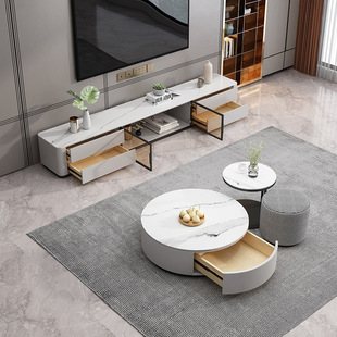 New Italian Style Minimalist Rock Plate Round Coffee Table TV Cabinet Combination Home Living Room Small Apartment Light Luxury Storage Tea Table