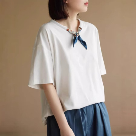 系带短袖T恤2025夏季新款通勤纯色上衣女文艺宽松休闲体恤3001