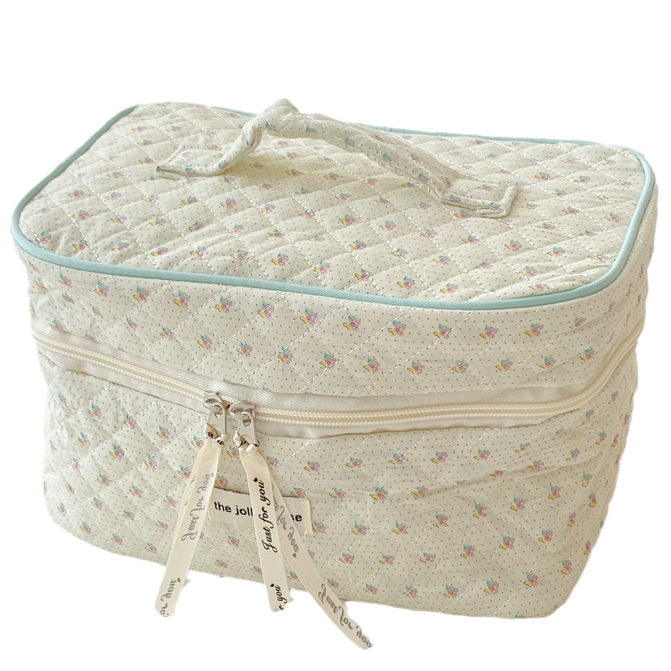Handheld Cotton Cosmetic Bag, Fresh Cherry Pattern, 25×15×17 cm, Spacious Organizer