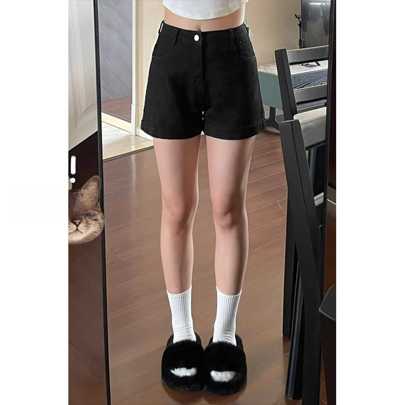 Black High-Waisted Denim Shorts for Women, Summer Thin Style, Plus Size, Tummy-Concealing, Slimming, Stretchy, Pear-Shaped Body, A-Line Hot Pants