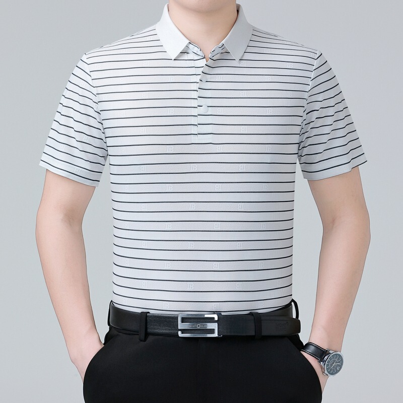 High-End 100% Mulberry Silk Striped Lapel Short-Sleeved T-Shirt for Men, Summer Business Casual Dad Wear, Cool Polo Shirt High-End 100% Mulberry Silk Striped Lapel Short-Sleeved T-Shirt for Men, Summer Business Casual Dad Wear, Cool Polo Shirt