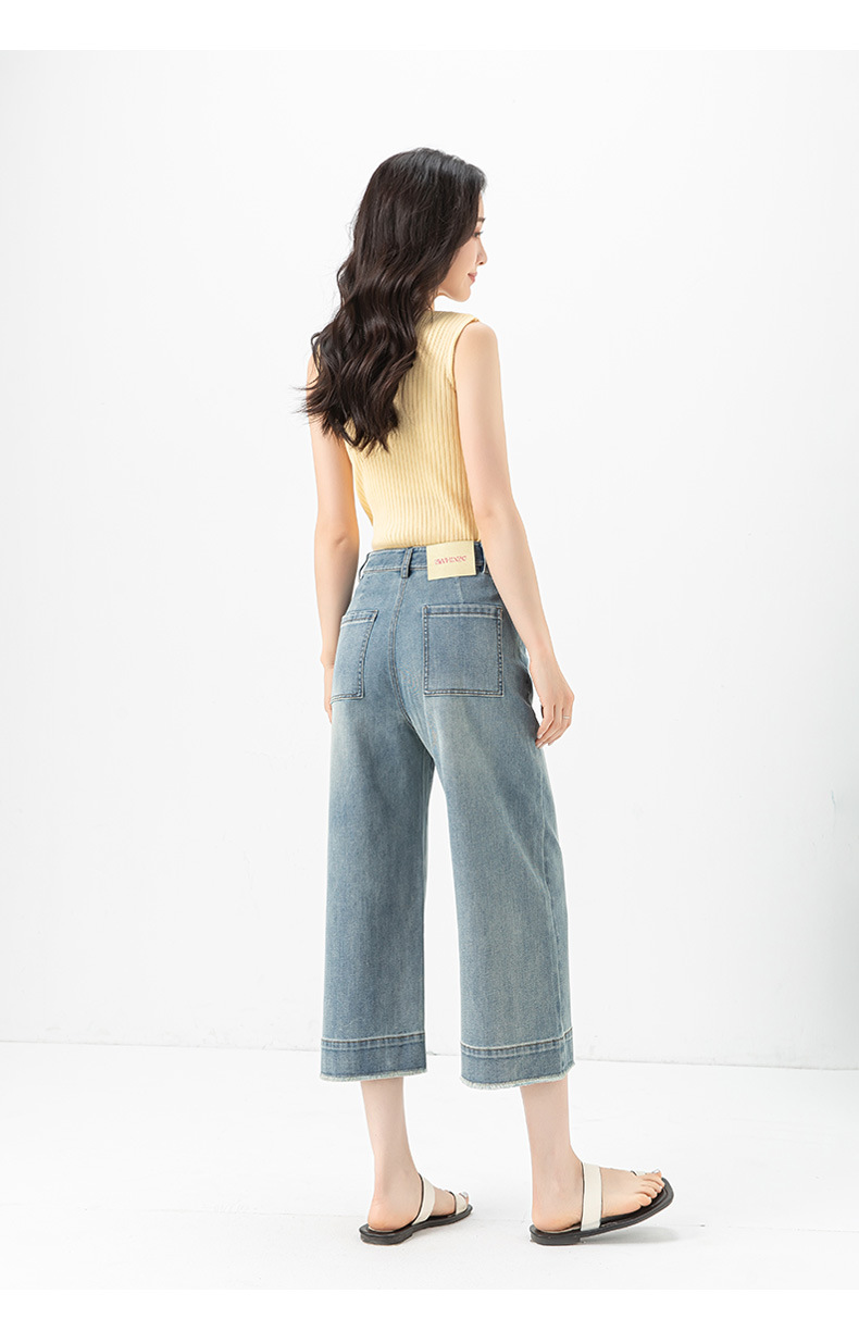 Quần jean nữ ống rộng cạp cao, chất liệu cotton pha linen mỏng nhẹ, dáng suông rủ, gấu tua rua — xanh lam chi tiết 27
