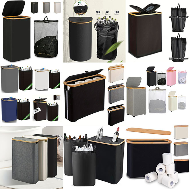 Cesta de ropa sucia con cubierta plegable reciclada de bambú, canasta de almacenamiento de tela Oxford, hogar, bolsa interior, caja de botella, a prueba de polvo