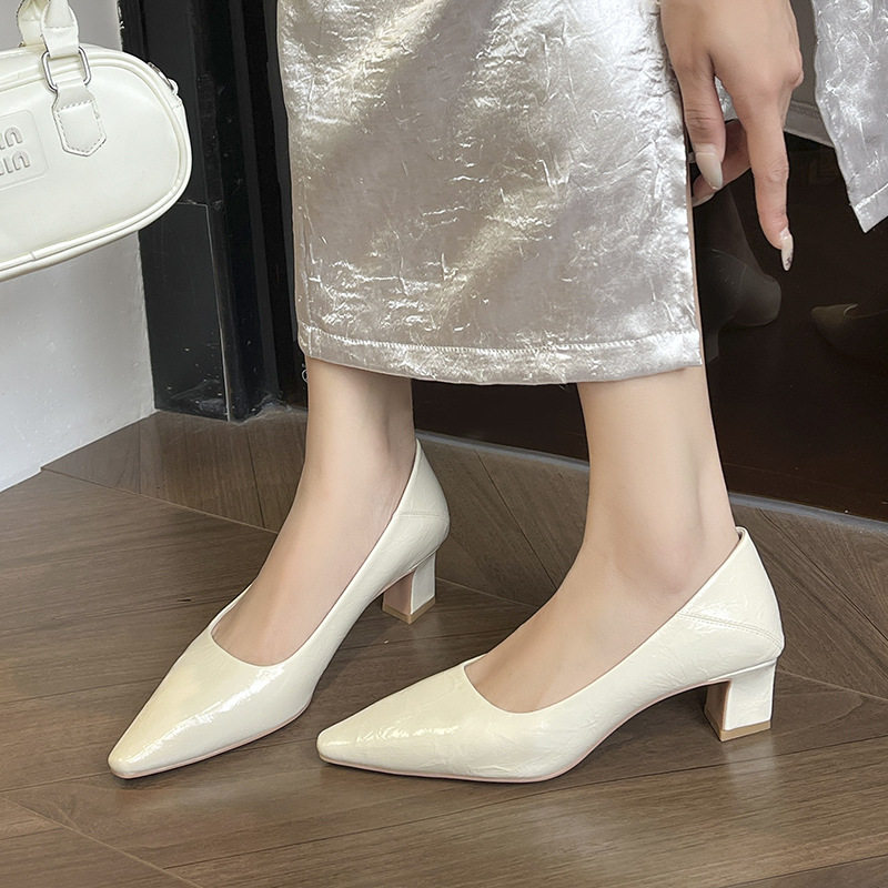 Giày cao gót nữ mũi vuông gót thô 3–6 cm kiểu Pháp thanh lịch, đế cao su, đi làm dự tiệc — Màu cà phê, Màu trắng ngà, màu đen