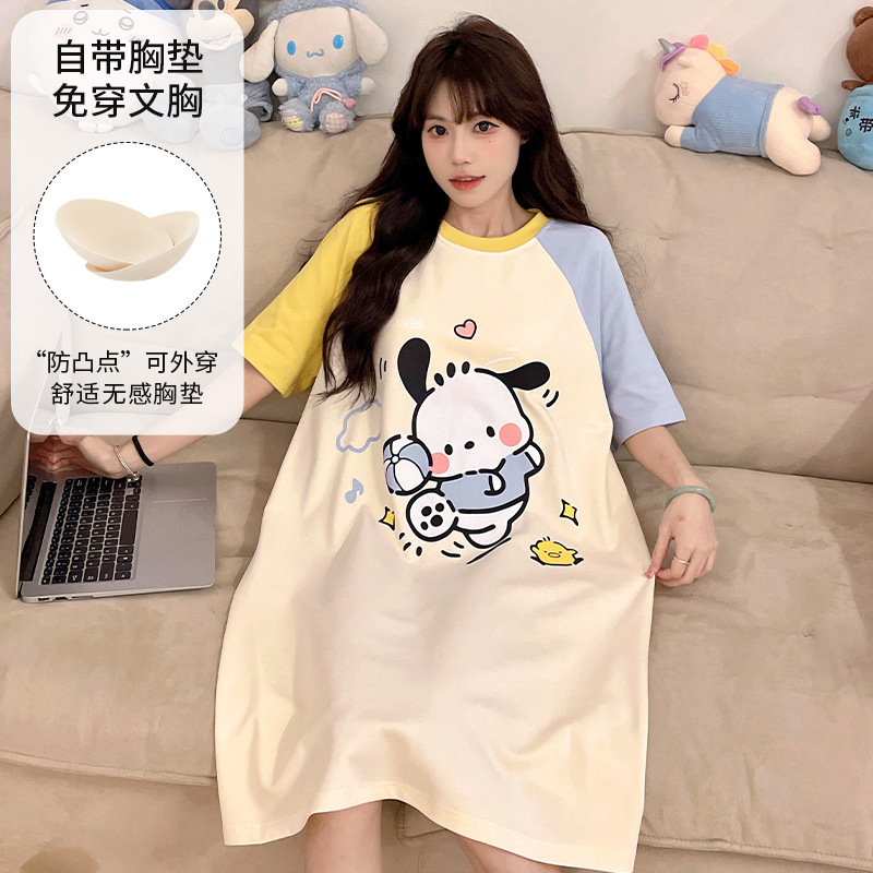 2025 nuevo perro Pachia con cojín de pecho pijama de verano mujer de algodón de cuello redondo dibujos animados lindos pijamas largos ropa para el hogar