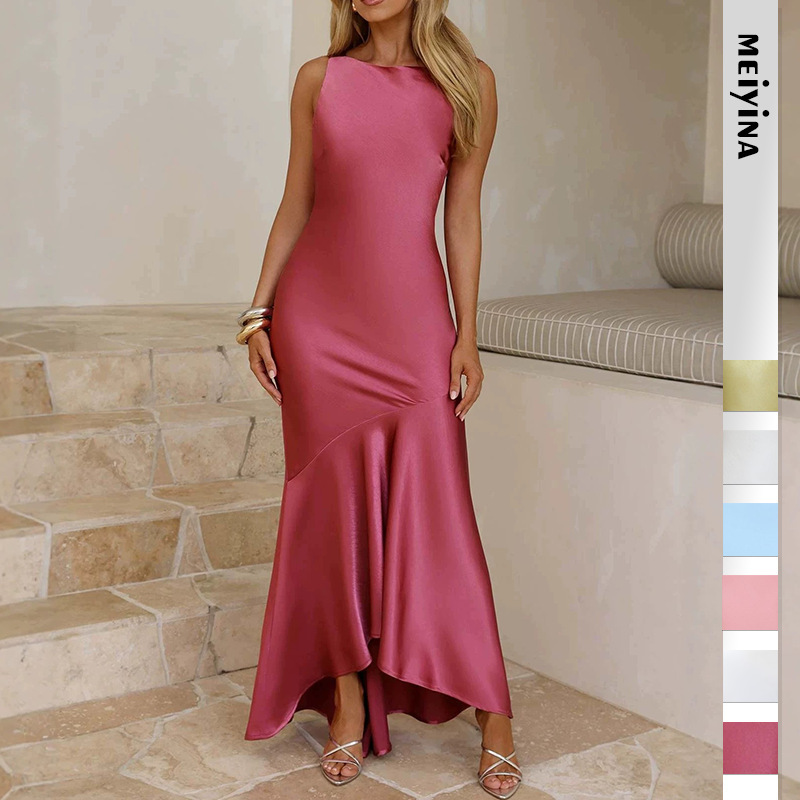 2026 European and American New Cross-Border Women's Fashion Elegant High-End Satin Fishtail Long Dress with a Large Hem and Slim Fit 2026 European and American New Cross-Border Women's Fashion Elegant High-End Satin Fishtail Long Dress with a Large Hem and Slim Fit