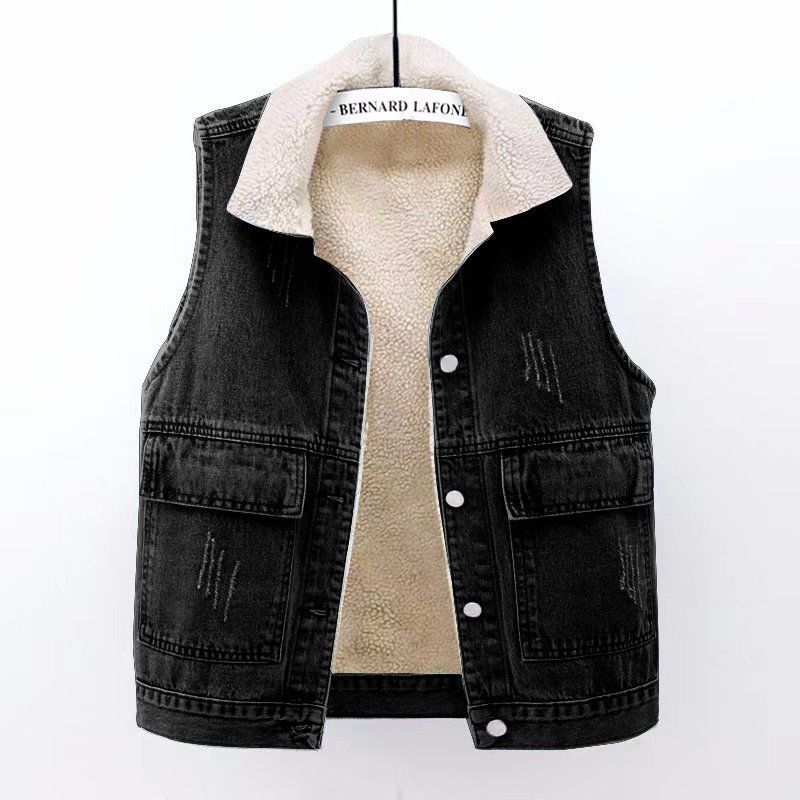 Lamb Wool Denim Cotton Vest for Women 2025 Autumn and Winter Fleece-Lined Thickeneded Short Sleeveless Warm Cotton Vest Top