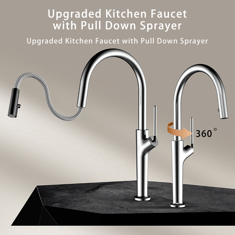 59 Copper Hidden Rotating Pull-Out Kitchen Faucet with Dual Water Outlets for Sink