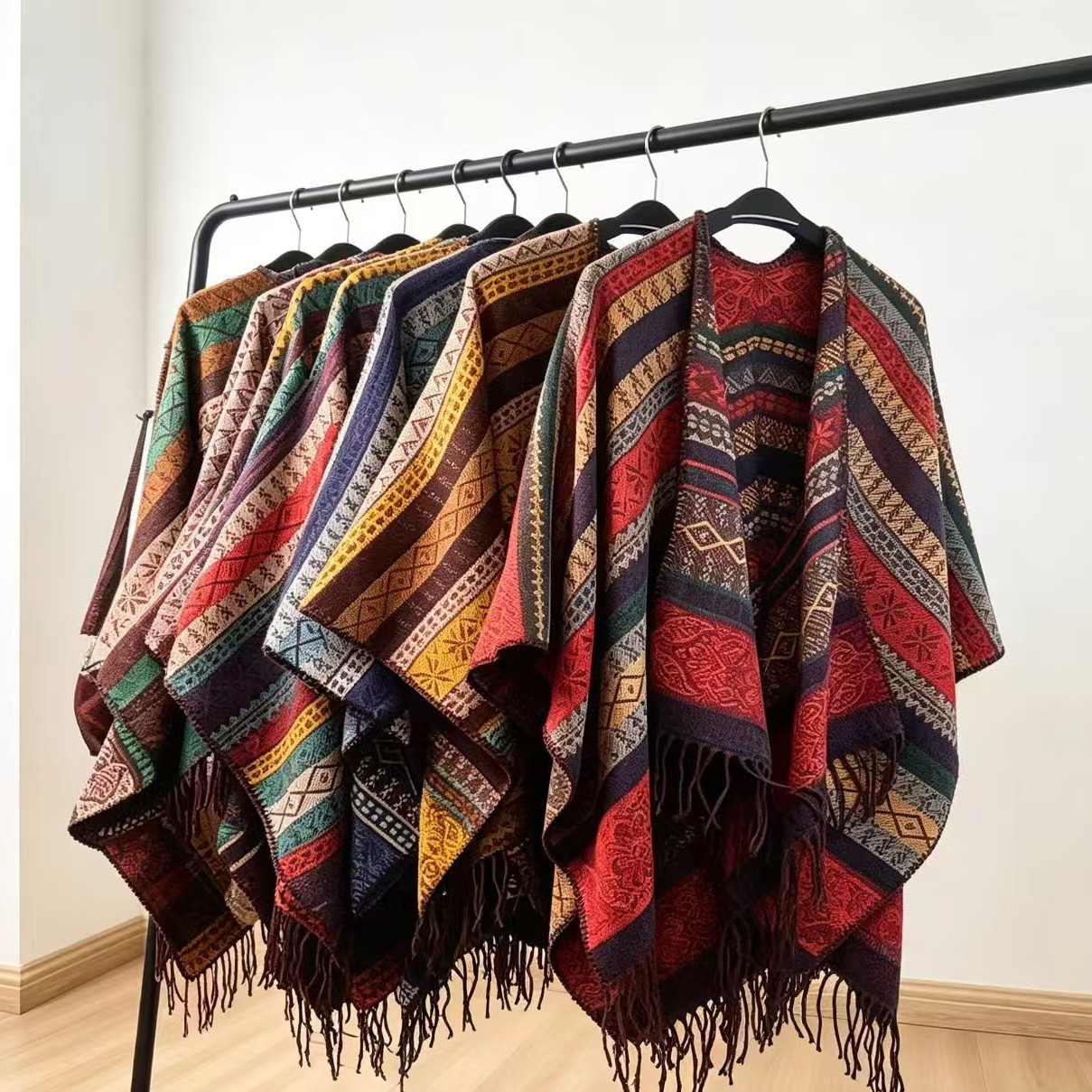 Popular Yunnan ethnic-style travel cape with color blocking, high-end retro warm patchwork coat