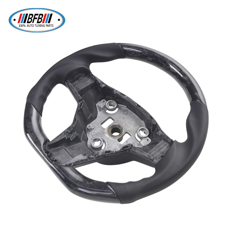100% Real Carbon Fiber Forged Steering Wheel with Black Leather and Black Stitching - For Tesla Model Y - Modification