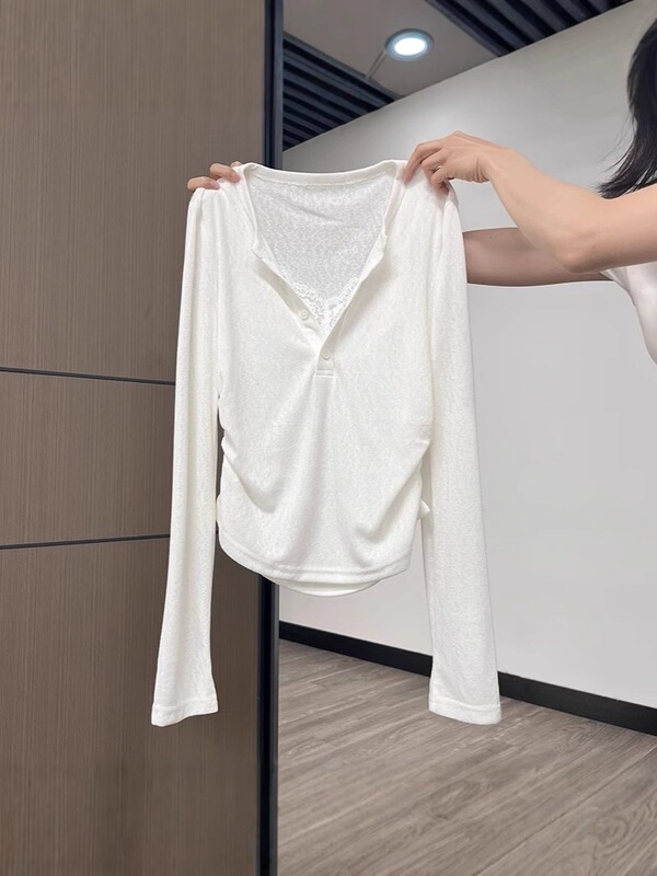 White Lace Pleated Sun Protection Blouse Long-Sleeved T-Shirt Women's Summer New Slim Button Design Top
