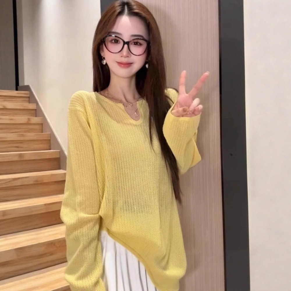 韩系松弛感V领宽松针织衫女2025夏季新款薄款上衣独特超好看罩衫
