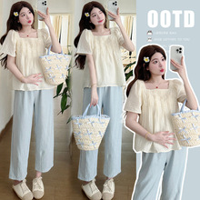 孕妇法式方领设计感短袖衬衫女两件套2025夏季新款宽松泡泡袖上衣