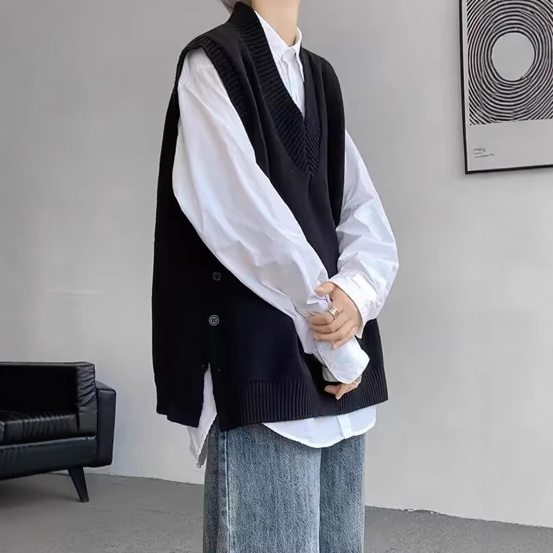 Solid Color Knitted V-Neck Vest Men's Stacked Split Vest Shoulder Standard Pullover Teenagers Fashionable Autumn regular Ins