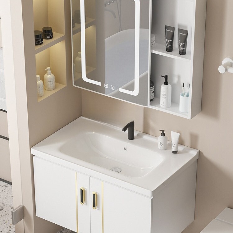 Wall-mounted bathroom washbasin cabinet combination, ceramic integrated space aluminum washbasin, small-sized home washstand Wall-mounted bathroom washbasin cabinet combination, ceramic integrated space aluminum washbasin, small-sized home washstand